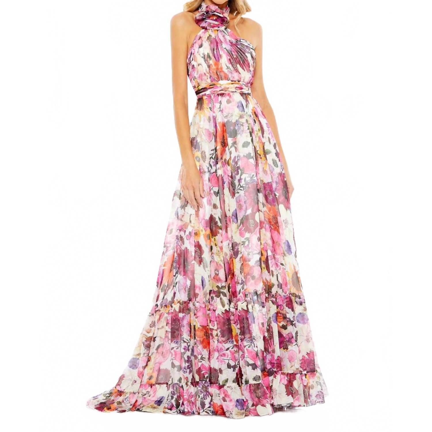 New Mac Duggal Floral Flounce Dress In White Multi